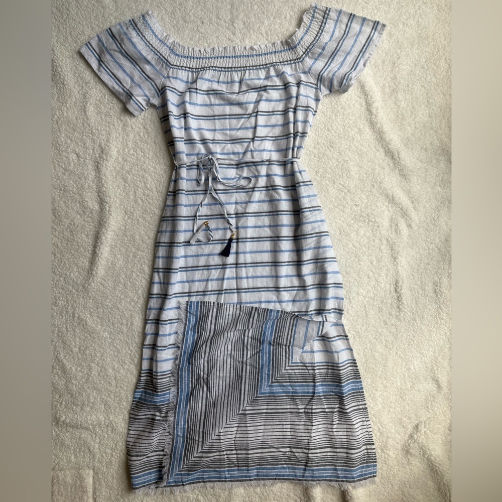Tommy Bahama Blue and White Off Shoulder Striped Midi Dress